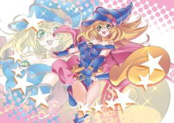 Rule 34 | 1girl, blonde hair, blue footwear, blue hat, blush, blush stickers, breasts, cleavage, collarbone, dark magician girl, duel monster, green eyes, hat, hexagram, large breasts, long hair, looking at viewer, open mouth, pentacle, pentagram, pinko (pinkuroao), second-party source, smile, solo, staff, star (symbol), wand, wizard hat, yu-gi-oh!, yu-gi-oh! duel monsters