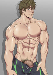 Rule 34 | 10s, 1boy, abs, bara, foreskin, free!, highres, male focus, muscular, pectorals, penis, pubic hair, solo, suyohara, tachibana makoto, topless male, undressing
