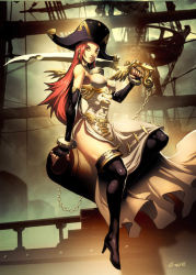Rule 34 | 1girl, black footwear, boots, cannon, chain, elbow gloves, female focus, fingerless gloves, full body, genzoman, gloves, hat, high heel boots, high heels, jewelry, legs, lips, long hair, necklace, original, pirate, pirate hat, red hair, ship, side slit, sitting, skinny, slender, solo, sword, thigh boots, thighhighs, watercraft, weapon