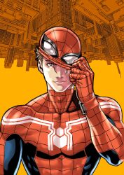 Rule 34 | 1boy, absurdres, animification, bodysuit, brown eyes, brown hair, covered collarbone, gloves, highres, looking at viewer, male focus, marvel, mask, mask on head, mask pull, oosawa yuusuke, orange background, peter parker, portrait, red bodysuit, red gloves, smile, solo, spider-man, spider-man: itsuwari no aka, spider-man (series), spider web print, upper body