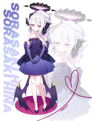 Rule 34 | 1girl, apple caramel, black horns, blue archive, blush, closed mouth, demon horns, demon wings, dress, elbow gloves, full body, gloves, grey hair, halo, heart, heart of string, highres, hina (blue archive), hina (dress) (blue archive), horns, long hair, looking at viewer, multiple horns, official alternate costume, purple dress, purple eyes, purple gloves, smile, solo, wings, zoom layer