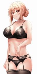 Rule 34 | 1girl, black bra, black panties, black thighhighs, blush, bra, breasts, cleavage, closed mouth, commentary, cowboy shot, floral print, garter belt, garter straps, hair between eyes, hair bun, lace, lace-trimmed bra, lace trim, large breasts, looking at viewer, mature female, navel, orange eyes, orange hair, panties, print bra, print panties, red hayao, short hair, sidelocks, simple background, smile, solo, standing, stomach, thighhighs, thighs, underwear, underwear only, white background, yahari ore no seishun lovecome wa machigatteiru., yuigahama yui&#039;s mother