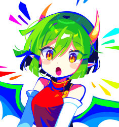 Rule 34 | 1girl, blush, breasts, brown eyes, china dress, chinese clothes, draco centauros, dragon girl, dragon horns, dragon wings, dress, elbow gloves, fang, gloves, green hair, highres, horns, medium breasts, offbeat, open mouth, pointy ears, puyopuyo, red dress, short hair, sleeveless, sleeveless dress, solo, upper body, white background, white gloves, wings