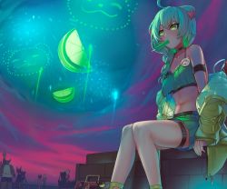 Rule 34 | 1girl, absurdres, ahoge, animal ears, aqua hair, bare shoulders, barefoot, borrowed character, braid, breasts, choker, cloud, commentary, ehrrr, english commentary, fireworks, food in mouth, green hair, green skirt, hair over shoulder, highres, jacket, looking away, medium breasts, midriff, multicolored hair, navel, off shoulder, original, outdoors, pleated skirt, popsicle, popsicle in mouth, side braid, single braid, sitting, skirt, solo focus, spaghetti strap, streaked hair, thigh strap, two-tone hair, virtual youtuber, yellow jacket