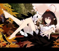 Rule 34 | 1girl, ;), autumn leaves, bare legs, black skirt, black wings, blurry, blurry background, blush, breasts, brown hair, closed mouth, day, foreshortening, frilled skirt, frills, futatsuki eru, geta, hat, legs up, letterboxed, looking at viewer, lying, medium breasts, on back, one eye closed, outdoors, outstretched arm, pink sky, plantar flexion, pointy ears, pom pom (clothes), puffy short sleeves, puffy sleeves, reaching, reaching towards viewer, red eyes, red hat, red ribbon, ribbon, shameimaru aya, shirt, shoe dangle, short hair, short sleeves, skirt, sky, smile, solo, tokin hat, touhou, tree, white shirt, wings