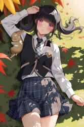 Rule 34 | 1girl, absurdres, akihiro0920, arm at side, arm up, autumn leaves, black hair, black necktie, black skirt, blunt bangs, blush, closed mouth, collared shirt, commentary request, grass, highres, leaf, long hair, long sleeves, looking at viewer, lying, maple leaf, necktie, original, outdoors, pleated skirt, purple eyes, rabbit, shirt, sidelocks, skirt, smile, twintails, uniform, white shirt