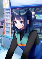 Rule 34 | 1girl, blue eyes, blue hair, blue theme, blue vest, breasts, closed mouth, convenience store, hair ornament, highres, looking to the side, medium hair, original, ponytail, shop, smile, solo, teyan, upper body, vest, waistcoat