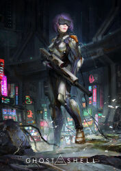 Rule 34 | 1girl, assault rifle, assault visor, blue eyes, bodysuit, boots, breasts, building, bullet hole, cable, commentary, concept art, copyright name, cyborg, damaged, debris, derivative work, dirty, english commentary, english text, ghost in the shell, gloves, gun, head-mounted display, headgear, highres, holding, holding gun, holding weapon, kusanagi motoko, logo, machinery, mechanical parts, medium breasts, neon lights, night, original, police, police uniform, purple hair, realistic, redesign, rifle, ruins, science fiction, scope, suppressor, thedurianart, title, uniform, weapon