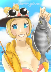 Rule 34 | 1girl, bikini, bikini under clothes, blonde hair, blue eyes, blurry, blush, breasts, cleavage, cloud, copella (surechigai fishing), coraline (ultimate angler), day, depth of field, double bun, eyewear on head, female focus, fish, fishing line, fishing rod, flipped hair, gradient background, grin, hair bun, hand up, happy, holding, hood, hood down, hoodie, large breasts, lips, looking at viewer, ocean, open clothes, open hoodie, outdoors, polarityplus, portrait, short hair, signature, sky, sleeveless, sleeveless hoodie, smile, solo, striped bikini, striped clothes, sunglasses, surechigai fishing, swimsuit, ultimate angler, upper body, vest, visor cap, water