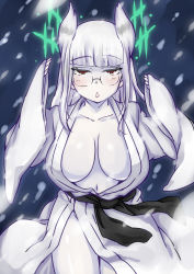 Rule 34 | 1girl, animal ears, black gloves, breasts, center opening, chestnut mouth, cleavage, glasses, gloves, heidimarie w. schnaufer, hime cut, japanese clothes, kimono, komusou (jinrikisha), large breasts, long hair, navel, open mouth, red eyes, sleeves past wrists, snow, solo, strike witches, white hair, wide sleeves, world witches series