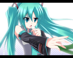 Rule 34 | 1girl, akane souichi, aqua hair, aqua nails, bad id, bad pixiv id, blue eyes, detached sleeves, hatsune miku, letterboxed, long hair, nail polish, outstretched arm, outstretched hand, reaching, solo, spring onion, stargazer, stargazer (vocaloid), tsurime, twintails, vocaloid