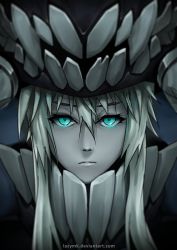 Rule 34 | 10s, 1girl, absurdres, abyssal ship, blue eyes, blurry, colored skin, depth of field, glowing, glowing eyes, grey skin, highres, kantai collection, long hair, looking at viewer, mk, serious, solo, watermark, web address, wo-class aircraft carrier