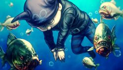 Rule 34 | 1boy, asphyxiation, brown hair, closed eyes, cuffs, danganronpa (series), danganronpa v3: killing harmony, death, drowning, fake horns, fish, game cg, handcuffs, hat, highres, horned headwear, horns, hoshi ryoma, jacket, komatsuzaki rui, leather, leather jacket, male focus, official art, pants, piranha, solo, spoilers, striped clothes, striped pants, underwater, water