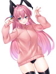 Rule 34 | 1girl, absurdres, animal ears, aqua eyes, black headwear, black thighhighs, bocchi the rock!, breasts, commentary request, cube hair ornament, fingernails, gluteal fold, gotoh hitori, hair between eyes, hair intakes, hair ornament, highres, jacket, large breasts, long hair, long sleeves, looking at viewer, no pants, one side up, pink hair, pink jacket, rabbit ears, rabbit pose, simple background, sleeves past wrists, solo, sweatdrop, thighhighs, thighs, track jacket, white background, yutazou
