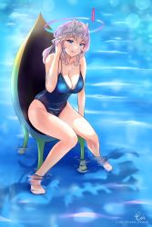 Rule 34 | 1girl, absurdres, ahoge, android, bare shoulders, barefoot, belian (epic seven), blue eyes, blue one-piece swimsuit, breasts, chair, cleavage, collarbone, epic seven, grey hair, halo, hand on own head, highres, large breasts, lens flare, licking lips, long hair, looking at viewer, one-piece swimsuit, partially submerged, sidelocks, swimsuit, tinkst, tongue, tongue out, water