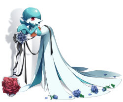 Rule 34 | 1girl, absurdres, alternate color, arched back, bent over, black ribbon, blue flower, blue hair, blue rose, blue skin, bob cut, colored skin, creatures (company), drop shadow, female focus, flat chest, flower, full body, game freak, gardevoir, gen 3 pokemon, hair over one eye, hands on hilt, hands up, highres, leaning forward, looking at viewer, ms misubaru mk2, multicolored skin, nintendo, one eye covered, open mouth, oversized object, own hands together, pokemon, pokemon (creature), red eyes, red flower, red rose, ribbon, rose, shiny pokemon, short hair, simple background, solo, spoon, standing, two-tone skin, white background, white flower, white skin