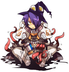 Rule 34 | 1boy, :d, armor, boots, commentary request, emon-yu, full body, genetic (ragnarok online), hair between eyes, hair over one eye, hat, living clothes, looking at viewer, open mouth, pants, pauldrons, purple hair, purple hat, ragnarok online, short hair, shoulder armor, simple background, sitting, smile, solo, tentacles, vial, white background, white footwear, white pants, witch hat, yellow eyes