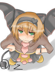 Rule 34 | 00s, 1girl, animal ears, bat wings, brown hair, cat ears, fang, from above, green eyes, hands on own hips, headband, looking at viewer, necktie, rita mordio, short hair, simple background, solo, tail, tales of (series), tales of vesperia, white background, wings