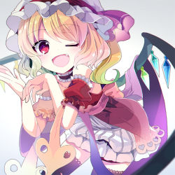 Rule 34 | 1girl, ;d, alternate costume, black thighhighs, blonde hair, blush, choker, detached sleeves, dress, fang, flandre scarlet, fruit punch, hat, laevatein, looking at viewer, one eye closed, open mouth, red eyes, short hair, side ponytail, simple background, smile, solo, thighhighs, touhou, wings, zettai ryouiki