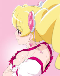 Rule 34 | 1girl, back, blonde hair, blush, breasts, choker, cleavage, closed mouth, crossed arms, cure peach, downblouse, earrings, eyebrows hidden by hair, fresh precure!, from above, from side, fuchi (nightmare), gradient background, hair ornament, heart, heart earrings, heart hair ornament, jewelry, large breasts, long hair, looking at viewer, looking to the side, looking up, magical girl, momozono love, neck, pink background, pink choker, pink eyes, precure, puffy short sleeves, puffy sleeves, short sleeves, smile, solo, twintails, upper body