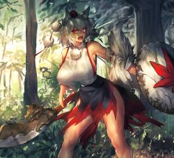 Rule 34 | 1girl, angry, animal ears, armpits, bare legs, breasts, commentary request, contrapposto, curvy, dappled sunlight, day, detached sleeves, fang, female focus, forest, grass, hanging breasts, hat, hip focus, holding, holding sword, holding weapon, inubashiri momiji, large breasts, leaf print, legs, melon22, miniskirt, muscular, muscular female, nature, open mouth, pom pom (clothes), red eyes, ribbon-trimmed sleeves, ribbon trim, shield, shiny skin, short hair, shouting, sideboob, sideways glance, skirt, solo, standing, sunlight, sword, tail, thighs, tokin hat, torn clothes, torn skirt, torn sleeves, touhou, tree, turtleneck, weapon, white hair, wide hips, wolf ears, wolf tail