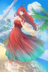 Rule 34 | 1girl, ahoge, arms behind back, bare shoulders, barefoot, beach, blue eyes, blue sky, blush, breasts, closed mouth, cloud, collarbone, commentary request, day, dress, dutch angle, floating hair, full body, go-toubun no hanayome, gradient dress, green dress, highres, hirokiku, large breasts, long hair, looking at viewer, nakano itsuki, ocean, outdoors, palm tree, red dress, red hair, see-through, sky, smile, soaking feet, solo, tree, very long hair, wading, water, wind