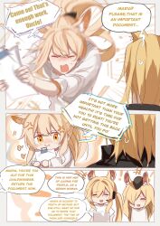 Rule 34 | 1boy, 3girls, alternate language, anger vein, animal ears, arknights, blemishine (arknights), chinese commentary, comic, commentary request, english text, highres, horse boy, horse girl, mlynar (arknights), multiple girls, nearl (arknights), uncle and niece, whislash (arknights), zuo daoxing