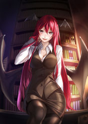 Rule 34 | 1girl, :d, adjusting hair, bad id, bad pixiv id, bat wings, black pantyhose, blush, bookshelf, breasts, buttons, cleavage, colored eyelashes, demon wings, desk, dress shirt, eyelashes, fangs, female focus, head wings, koakuma, large breasts, large wings, long hair, long sleeves, looking at viewer, low wings, aged up, open mouth, pantyhose, red eyes, red hair, seductive smile, shirt, sitting, skirt, skirt set, smile, solo, thighband pantyhose, touhou, unbuttoned, unowen, very long hair, vest, white shirt, wings