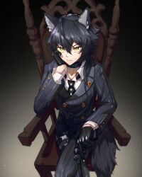 Rule 34 | 1boy, absurdres, ahoge, animal ear fluff, animal ears, arknights, armchair, black background, black gloves, black hair, black jacket, black necktie, black pants, chair, collared shirt, commentary request, crossed legs, gloves, gradient background, green eyes, grey background, gun, hair between eyes, hand up, highres, holding, holding gun, holding weapon, jacket, long sleeves, looking at viewer, male focus, necktie, on chair, pants, parted lips, shirt, sitting, solo, straybird1999, striped clothes, striped jacket, striped pants, tail, vertical-striped clothes, vertical-striped jacket, vertical-striped pants, vigil (arknights), weapon, white shirt
