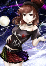 Rule 34 | 1girl, bare shoulders, black shirt, blue background, breasts, chain, checkered background, cleavage, clothes writing, collar, cowboy shot, earth (ornament), gold chain, hand on own stomach, hand up, hat, hecatia lapislazuli, kz nagomiya, medium breasts, midriff, moon (ornament), multicolored clothes, multicolored skirt, off-shoulder shirt, off shoulder, open mouth, patterned background, red eyes, red hair, revision, shirt, short hair, skirt, smile, solo, space, sparkle, teeth, thighs, touhou