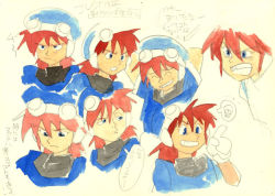 Rule 34 | 1990s (style), 1boy, angry, arms behind head, concept art, game arts, goggles, grandia, grandia i, grin, hat, hontani toshiaki, justin (grandia), male focus, official art, painting (medium), retro artstyle, sketch, smile, traditional media, watercolor (medium)