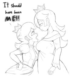 Rule 34 | 2girls, annoyed, breasts, crown, dress, earrings, flower earrings, gloves, hands on own hips, jewelry, juliet sleeves, lineart, lips, long hair, long sleeves, mario (series), monochrome, multiple girls, nintendo, open mouth, outta sync, princess daisy, puffy sleeves, rosalina, super mario bros. 1, super smash bros., white background