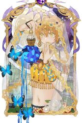 Rule 34 | 1girl, arabian clothes, armlet, bity3155660241, blue butterfly, border, bug, butterfly, circlet, closed mouth, colored eyelashes, cowboy shot, dripping, flower, full moon, hand on own chin, holding, holding lantern, hoshizora rin, insect, lace, lace-trimmed skirt, lace trim, lantern, leaf, lily pad, love live!, midriff, moon, navel, night, night sky, orange hair, outdoors, outside border, picture frame, pink lips, plaid, plaid skirt, purple sky, red skirt, rose, see-through veil, shirt, short hair, skirt, sky, smile, solo, star (sky), starry sky, tassel, white border, white flower, white rose, white veil, yellow eyes, yellow shirt