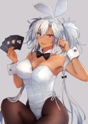 Rule 34 | 1girl, animal ears, armpits, black nails, black pantyhose, breasts, card, dark-skinned female, dark skin, detached collar, fake animal ears, fingernails, glasses, grey background, hair between eyes, highres, holding, holding card, kantai collection, kasumi (skchkko), large breasts, leotard, long hair, musashi (kancolle), musashi kai ni (kancolle), nail polish, open mouth, pantyhose, rabbit ears, red eyes, smile, solo, two side up, white hair, white leotard, wrist cuffs