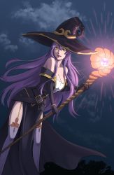 Rule 34 | 1girl, artist name, bare shoulders, belt, black gloves, breasts, cleavage, cloud, cloudy sky, garter straps, gloves, glowing staff, goblin slayer!, hat, large breasts, long hair, looking at viewer, magic, mole, mole under eye, night, night sky, outdoors, purple hair, sky, staff, tree, witch (goblin slayer!), witch hat, yellow eyes