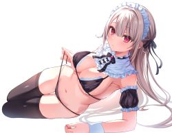 Rule 34 | 1girl, armpits, bad id, bad twitter id, bare shoulders, bikini, black bikini, black thighhighs, breasts, cleavage, collar, detached collar, detached sleeves, frilled collar, frilled sleeves, frills, grey hair, headdress, highres, lace, lace-trimmed bikini, lace trim, large breasts, long hair, looking at viewer, lying, mikeneko mari, navel, neck ribbon, on side, original, parted lips, red eyes, ribbon, side-tie bikini bottom, simple background, solo, stomach, string bikini, swimsuit, thigh gap, thighhighs, thighs, untied bikini, very long hair, white background