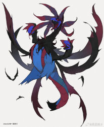 Rule 34 | artist name, black sclera, black wings, blue fur, body fur, colored sclera, commentary, creatures (company), fangs, from side, full body, game freak, gen 5 pokemon, highres, hydreigon, kamikiririp, looking at viewer, multiple heads, multiple wings, nintendo, no humans, open mouth, pokemon, pokemon (creature), red eyes, red pupils, simple background, solo, tail, tongue, tongue out, twitter username, weibo logo, weibo watermark, white background, wings
