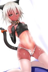 Rule 34 | 1girl, animal ears, backlighting, bare shoulders, blush, bow, breasts, bridal gauntlets, cat ears, cat tail, cleft of venus, collar, gradient background, highres, kneeling, looking at viewer, navel, open fly, open mouth, original, pussy, red eyes, short shorts, shorts, sideboob, silver hair, small breasts, solo, souma (ordures), sweat, tail, tail bow, tail ornament, tan, tanline, thighhighs, uncensored, unzipped, white thighhighs