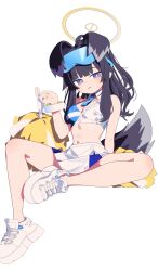 Rule 34 | 1girl, absurdres, animal ears, bangle, bare shoulders, black hair, blue archive, blue eyes, blush, bracelet, breasts, cheerleader, cleavage, commentary, crop top, dog ears, dog girl, dog tail, halo, hibiki (blue archive), hibiki (cheer squad) (blue archive), highres, holding, jewelry, long hair, looking at viewer, mabera, medium breasts, millennium cheerleader outfit (blue archive), miniskirt, navel, official alternate costume, pleated skirt, pom pom (cheerleading), shoes, simple background, sitting, skirt, sneakers, solo, star sticker, tail, thighs, white background, white footwear, white skirt, yellow halo