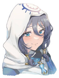 Rule 34 | 1girl, animification, black hair, blue eyes, blush, braid, braided sidelock, charm (object), closed mouth, commentary, cropped shoulders, eyelashes, hair between eyes, hair ornament, highres, hood, hood up, hoodie, hourglass, kayanogura, kiriko (overwatch), long hair, looking at viewer, official alternate costume, overwatch, overwatch 2, simple background, smile, solo, white background, white hoodie, wispy bangs
