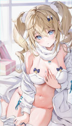 Rule 34 | 1girl, absurdres, alternate breast size, barbara (genshin impact), barefoot, blonde hair, blue eyes, bra, breasts, fur trim, genshin impact, hair ornament, highres, houkisei, looking at viewer, medium breasts, nail polish, navel, off shoulder, panties, parted lips, scarf, sitting, skindentation, solo, stomach, sweater, twintails, underwear, white bra, white panties, white scarf, white sweater, window