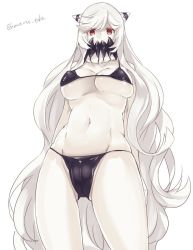 Rule 34 | 10s, 1girl, abyssal ship, bikini, black bikini, breasts, cameltoe, cleavage, colored skin, covered erect nipples, covered mouth, female focus, horns, jpeg artifacts, kantai collection, large breasts, long hair, looking at viewer, maruki (punchiki), micro bikini, midway princess, navel, red eyes, simple background, solo, swimsuit, twitter username, very long hair, white background, white hair, white skin