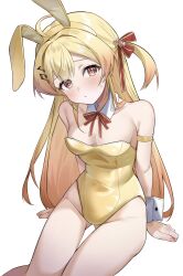 Rule 34 | 1girl, animal ears, blonde hair, blush, breasts, collarbone, commentary, fake animal ears, groin, hair between eyes, hair ornament, highres, hololive, leotard, looking at viewer, otonose kanade, oversized breast cup, playboy bunny, red eyes, sitting, small breasts, solo, sweat, symbol-only commentary, virtual youtuber, yoshidadon