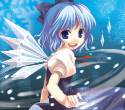 Rule 34 | 1girl, aro s, blue eyes, blue hair, bow, cirno, embodiment of scarlet devil, female focus, from side, hair bow, lowres, matching hair/eyes, shimakusa arou, short hair, snow, solo, touhou, wings