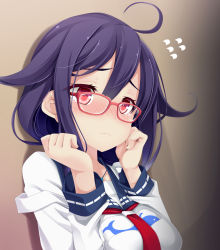 Rule 34 | 10s, 1girl, :&lt;, ahoge, bad id, bad pixiv id, bespectacled, blush, breasts, glasses, kantai collection, long hair, low twintails, medium breasts, ogami kazuki, purple hair, red eyes, school uniform, serafuku, solo, taigei (kancolle), tears, twintails