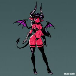Rule 34 | 1girl, arms at sides, bikini, black bikini, black gloves, black hair, black thighhighs, breasts, cleavage, colored skin, contrapposto, demon girl, demon horns, demon tail, demon wings, earrings, full-body tattoo, full body, gloves, grey background, high heels, horns, jewelry, long hair, looking to the side, mabius, medium breasts, mini wings, no nose, original, pixel art, pointy ears, purple eyes, red skin, simple background, skull earrings, solo, standing, swimsuit, tail, tattoo, thighhighs, wings