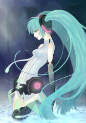 Rule 34 | 1girl, absurdres, aqua eyes, aqua hair, bad id, bad pixiv id, breasts, bridal gauntlets, female focus, hatsune miku, hatsune miku (append), highres, ladybird8n, long hair, navel, necktie, profile, solo, thighhighs, twintails, very long hair, vocaloid, vocaloid append