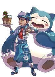 Rule 34 | 1boy, :q, alternate costume, apron, boots, bright pupils, cake, collared shirt, commentary request, creatures (company), dark-skinned male, dark skin, food, game freak, gen 1 pokemon, green headwear, hands up, hat, highres, holding, holding plate, hop (pokemon), komame (st beans), male focus, necktie, nintendo, pants, pastry bag, plate, pokemon, pokemon (creature), pokemon swsh, purple hair, shirt, short hair, simple background, snorlax, standing, tongue, tongue out, waist apron, white background, white pupils, yellow eyes