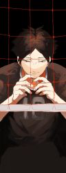 Rule 34 | 1boy, black background, brown eyes, haikyuu!!, highres, looking at viewer, male focus, playing sports, short hair, simple background, solo, sportswear, standing, suna rintarou, tatami06, volleyball, volleyball net, volleyball uniform
