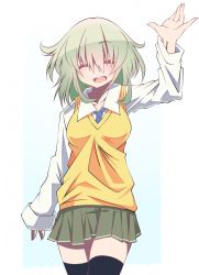 Rule 34 | 1girl, :d, ^ ^, bad id, bad twitter id, black thighhighs, blush, breasts, closed eyes, collared shirt, commentary, closed eyes, facing viewer, fingernails, green hair, highres, komeiji koishi, large breasts, long sleeves, messy hair, miniskirt, necktie, open mouth, pleated skirt, sakakiba misogi, shirt, short hair, skirt, smile, solo, sweater vest, thighhighs, touhou, waving, zettai ryouiki